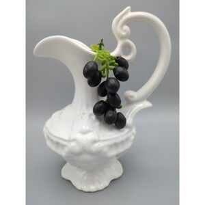 Vintage White Ceramic Pitcher Vase Portugal Scallop Shell Rubber Grapes Read